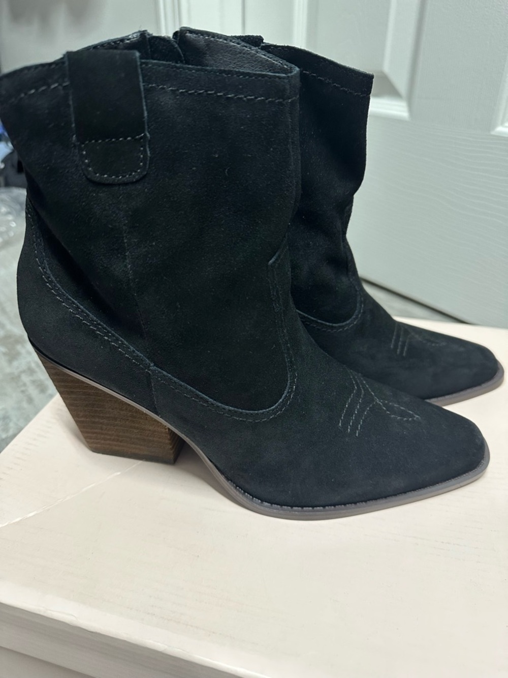 Chinese Laundry Black Suede Western Ankle Bootie with Stacked Heel